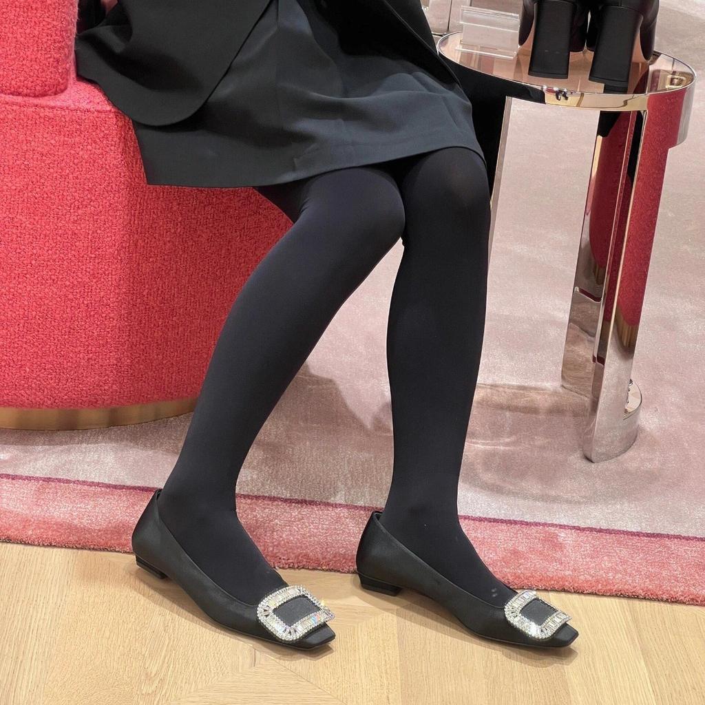 Sheepskin~ Rhinestone square buckle genuine leather shoes, shallow mouth Mary Jane shoes, women's single shoes, French stunning flat-soled soft-sol