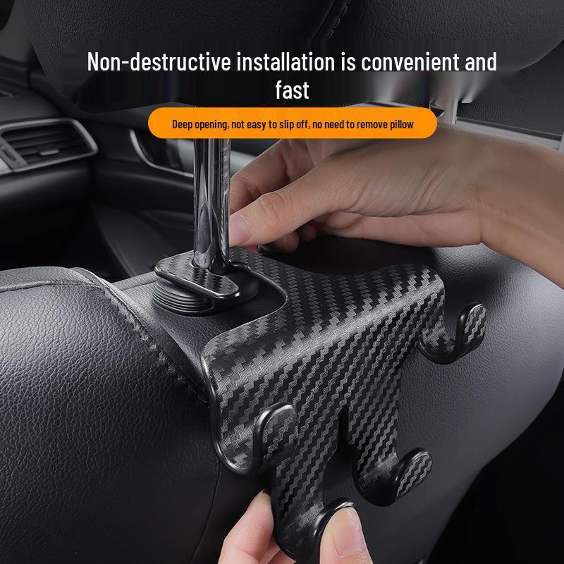 Car Seat Back Multi-functional Hook & Phone Holder with Carbon Fiber Texture