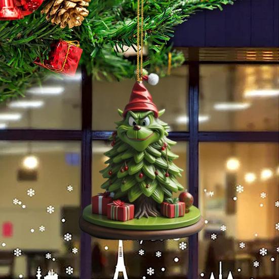 Green Elf Christmas Tree Ornament 2D Flat Acrylic Car Rear Mirror Charm Cartoon Elf Christmas Tree Hanging Pendant for Holiday Tree Window Wall Decor