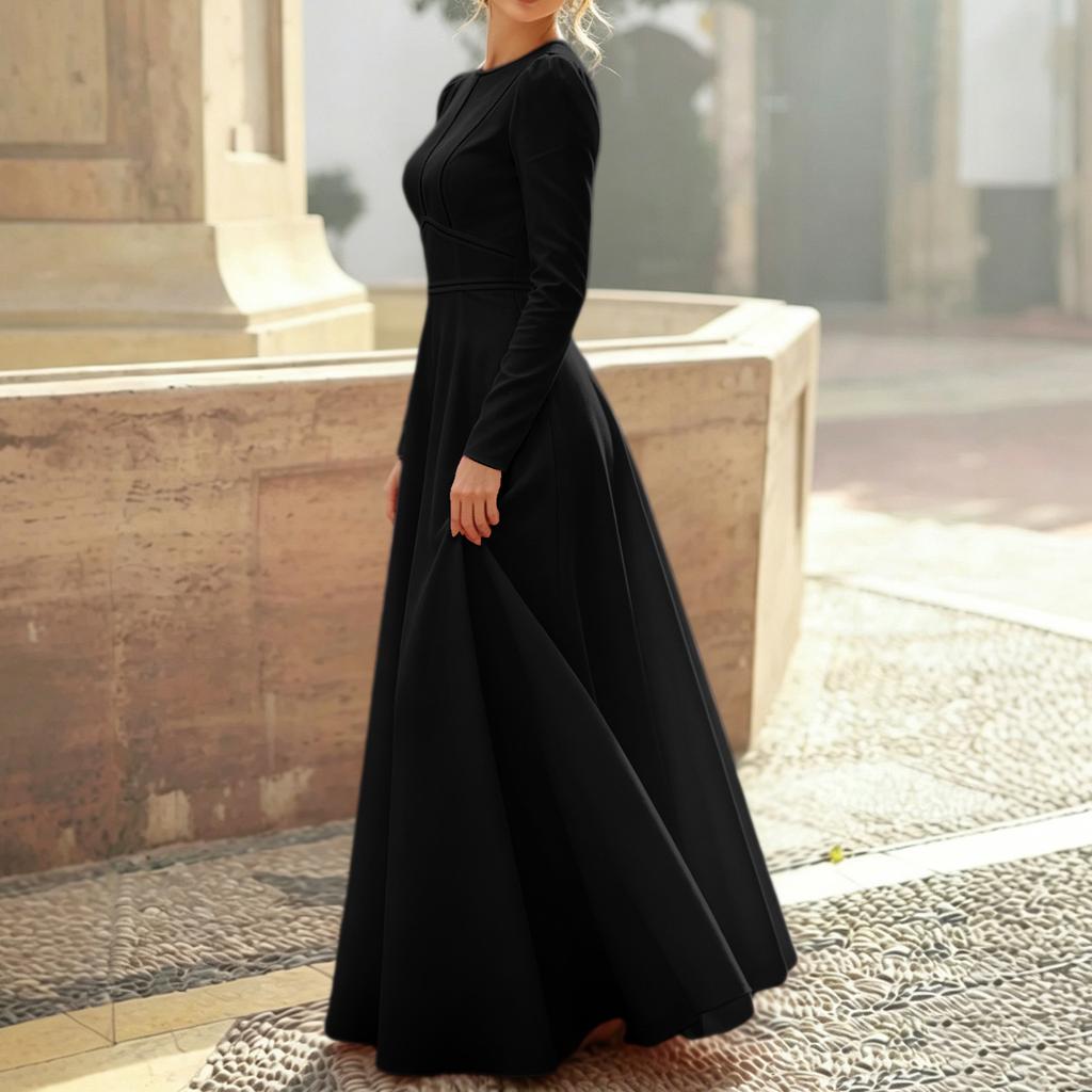 Damen Farb-Langarm-Rundhals-Kleid mit Reißverschluss am Rücken für den Herbst Elegant
