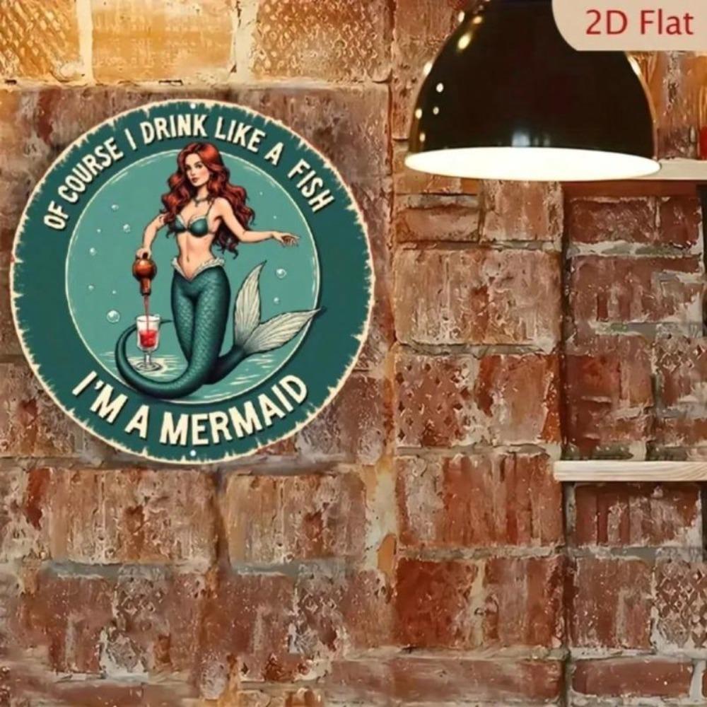 Vintage Mermaid Tin Sign Alcohol Quote Retro Round Wall Art Decor