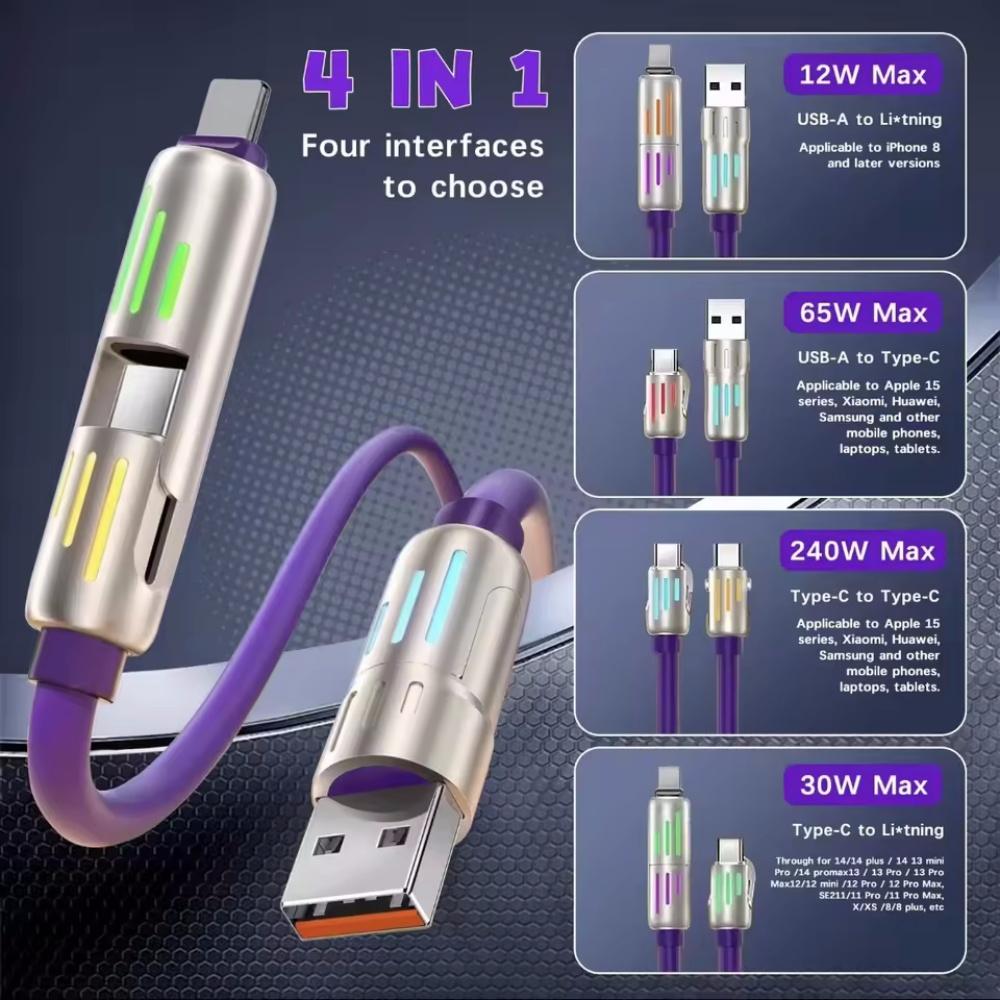 4-in-1 USB Charging Cable Fast Charging MAX 240W Lightning Multi Functional Aluminum Alloy 240W Suitable For iPhone15 16 Samsung