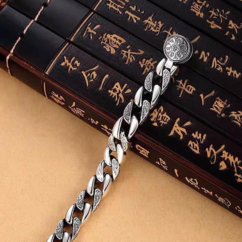 Men's Silver-Plated Rotatable Bracelet: Six-Character Mantra, Trendy Wide Design, Retro Domineering Style