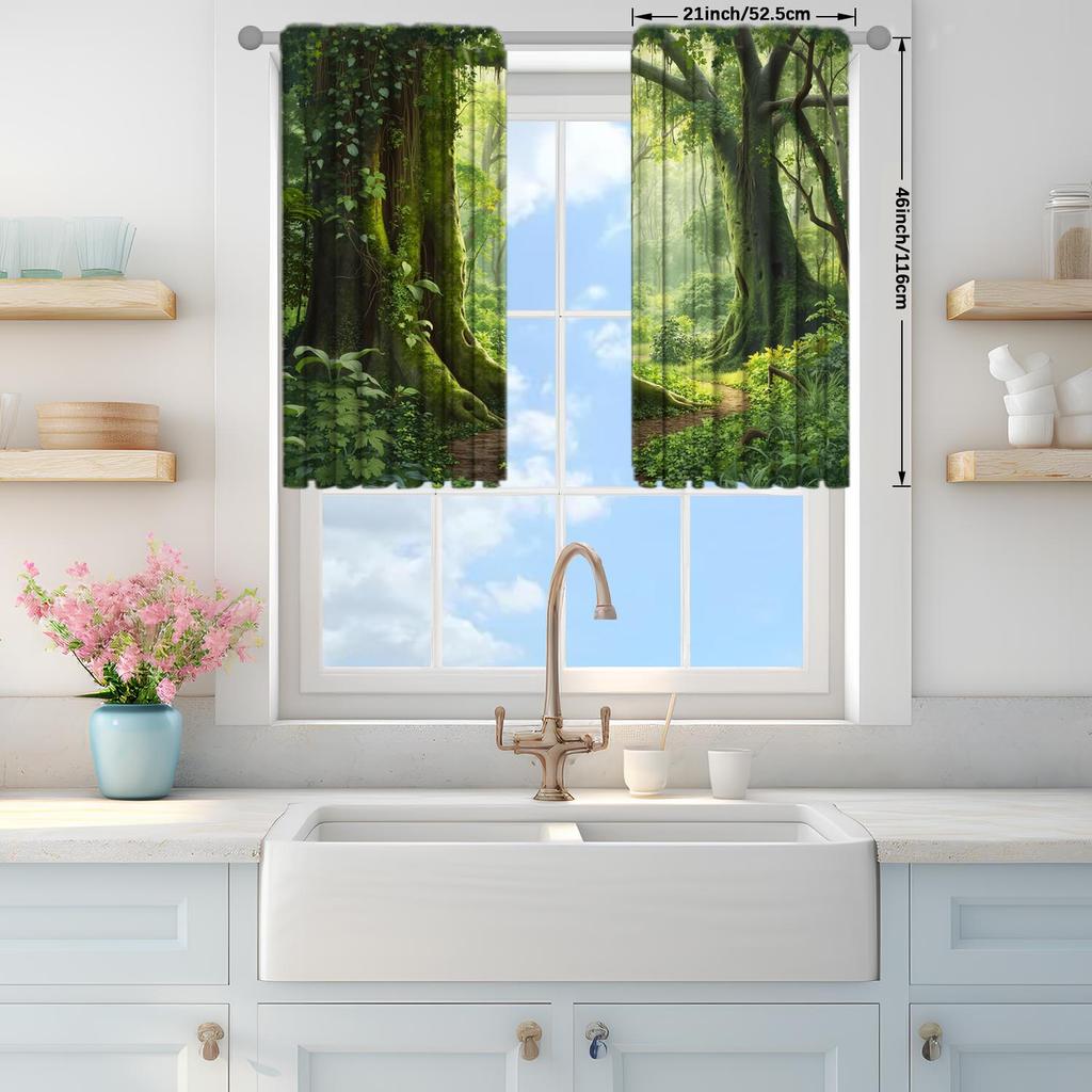 2-Panels Green Primitive Forest Nature Printed Curtains   Shade and Privacy Protection   Suitable for Decorating Various Rooms