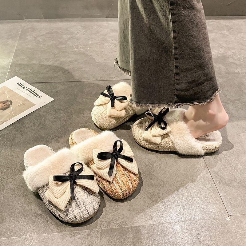 Comfortable home cotton slippers women's bow fluffy slippers wear autumn and winter new thick bottom versatile