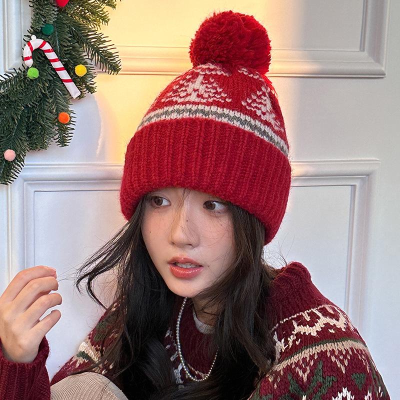 Retro Fair Isle Style Woolen Hat for Women Winter Thickened Warm Knitted Hat Japanese Style Christmas Ear Protection Pullover Cold Hat