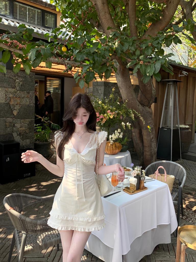 Practice, first love white dress, white suspender skirt with ruffle edge, short feminine French temperament fairy skirt
