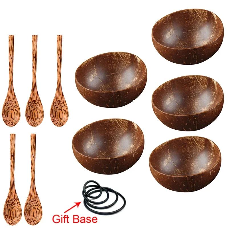 12-15cm  Natural Coconut Bowl Set Wooden Salad Ramen Bowl Coconut Wood Spoon Set Coco Smoothie Kitchen Tableware Coconut Bowl