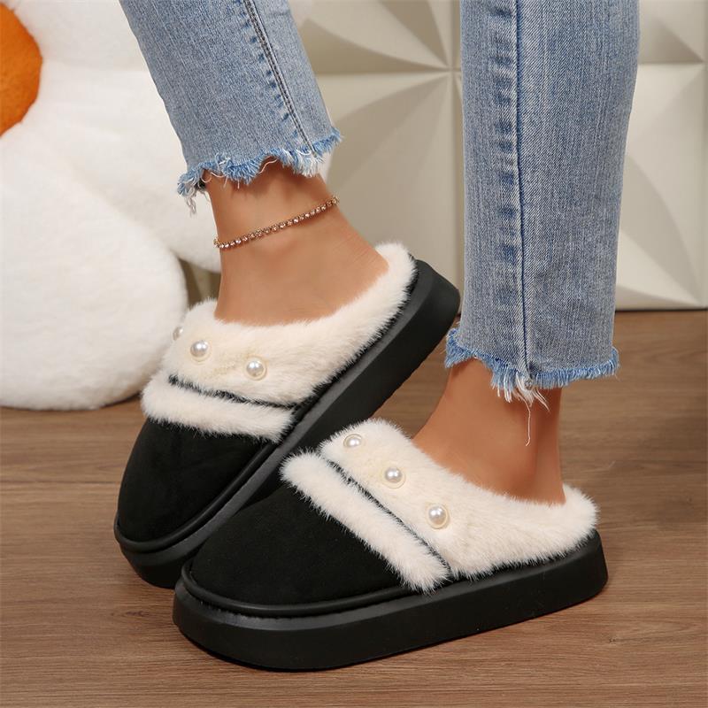 

Модные роскошные шлепанцы из искусственного меха с жемчужной отделкой, женские теплые короткие плюшевые домашние тапочки, зима 2025, мягкие толстые подошвы, пушистые шлепанцы-мюли 36-37 чёрный