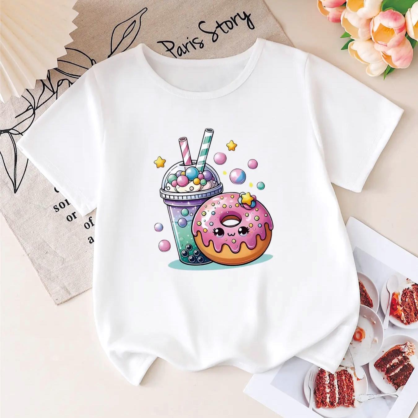 Kids Girls White TShirt Kawaii Bubble Tea Donut Print Short Sleeve Tee for Casual Daily Wear Summer New Cute Kids Clothing 100