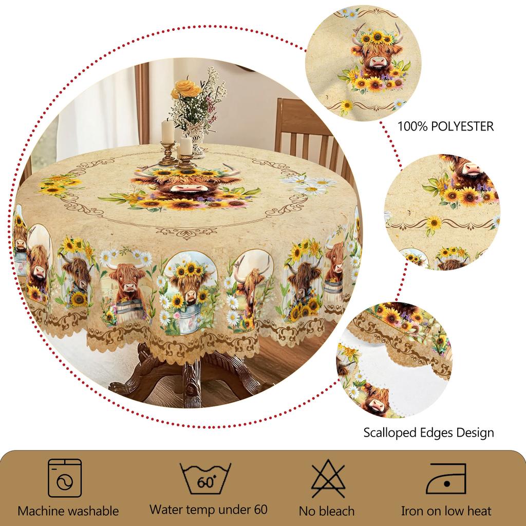 1 Piece of Summer Retro Farmhouse Pastoral Pattern Rectangular Tablecloth, Cow, Flower, Pattern Printed Round Tablecloth, Party Tablecloth, Home Table