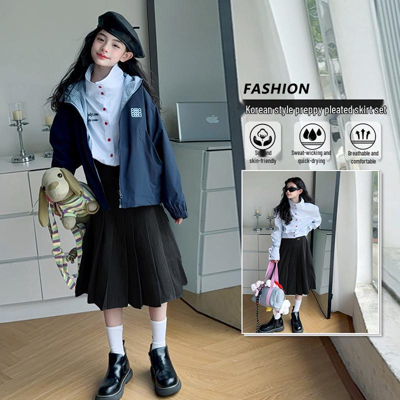 2025 Girls' Mid-Length Pleated Skirt with Bow & Metal Logo - Spring & Autumn Wear