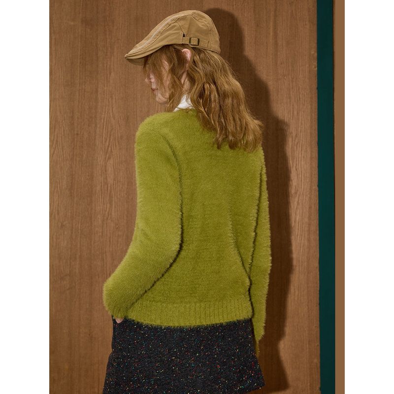 Coolhut Green Versatile Round-Neck Lazy-Style Cardigan, Gentle and Soft Plush Winter New Women's Knitwear