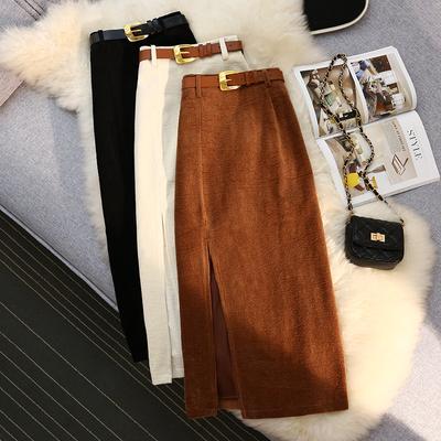 Jupe fendue en velours côtelé pour femmes, rétro, décontractée, classique, tendance, mi-longue, taille haute, élégante, slim, ligne a, jupe portefeuille aux hanches