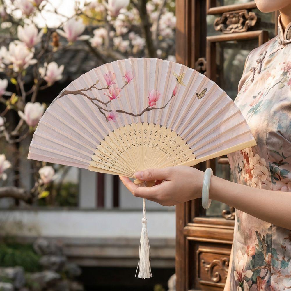 Antique Folding Fan Bamboo Frame Handheld Fan Women Fan Decorative Fan  Cheongsam Matching