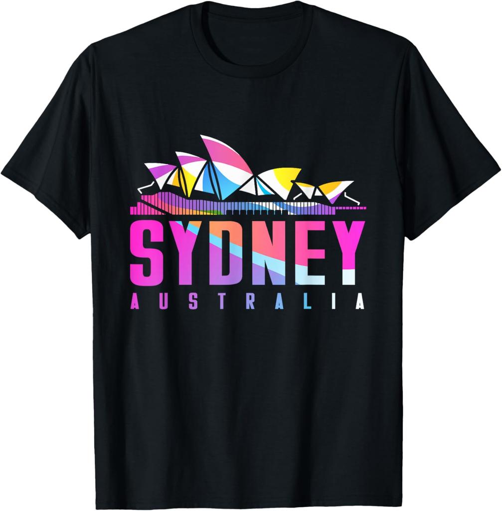 The Sydney Opera House with Colorful Geometric Pattern T-Shirt Casual Couple Graphic T Shirts Camisas Streetwear