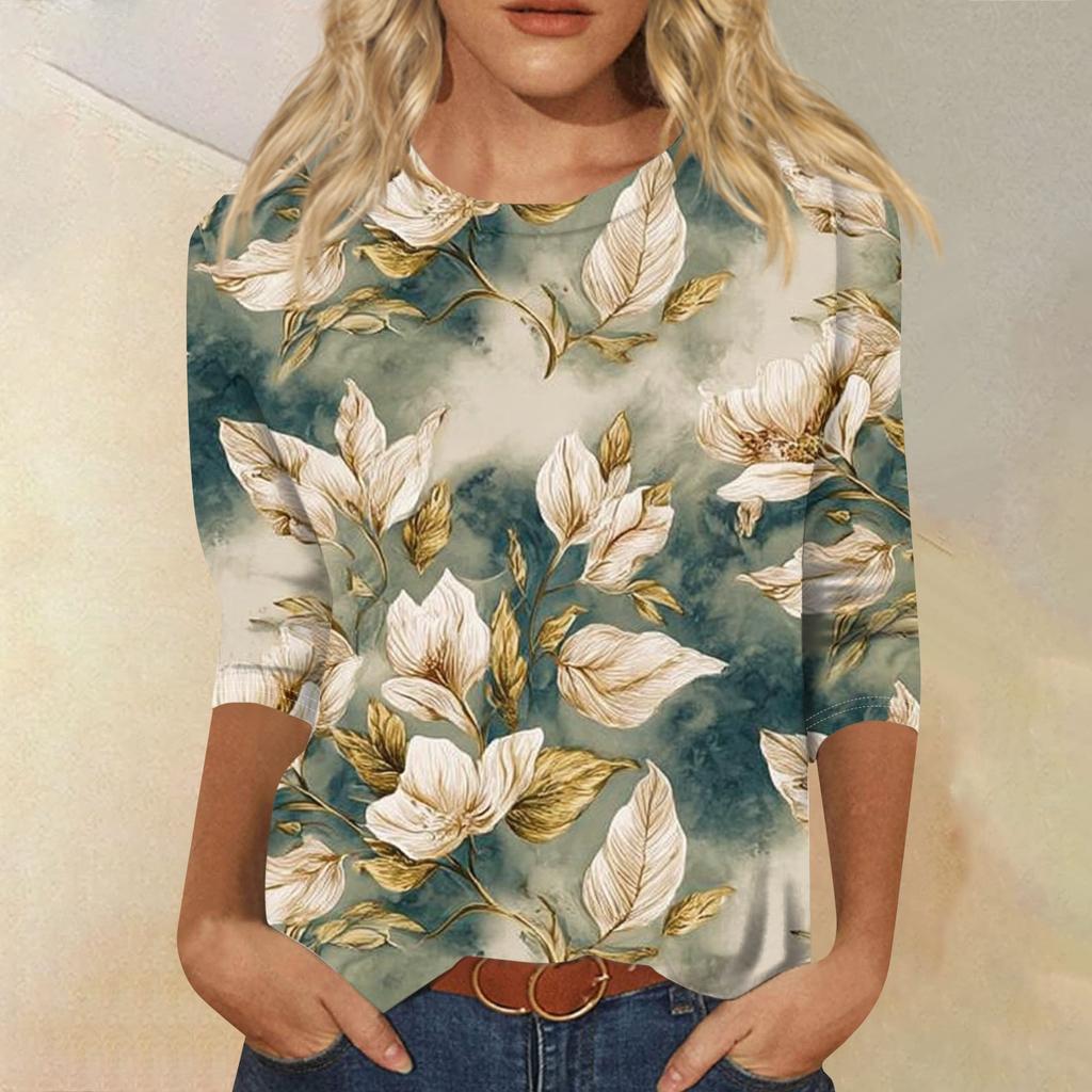 Women's Fashion Casual Round Neck Three Quarter Sleeve Printed T-Shirt Top