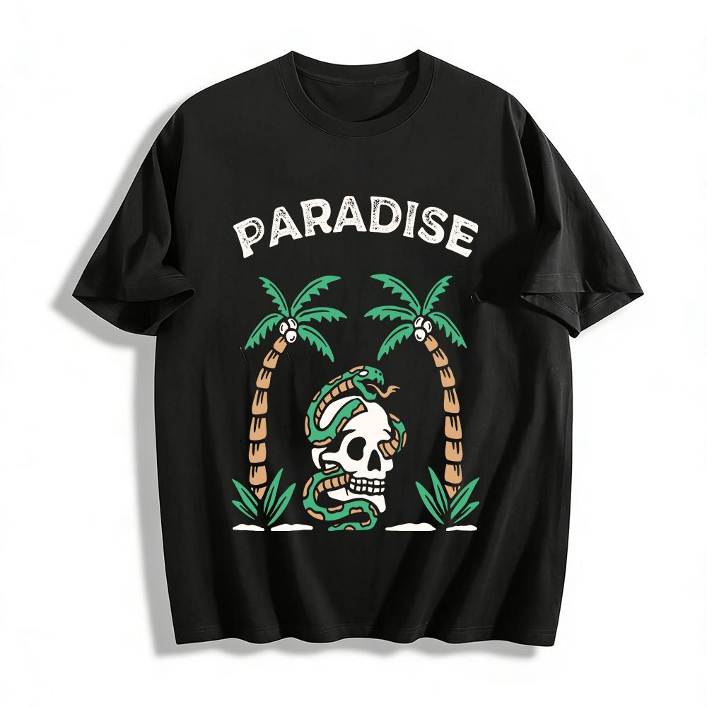 

Vintage Paradise Skull Snake Coconut Tree Print Casual Tee Pure cotton T-shirt XXS
