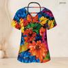 Women Plus Size Blue Printed Scrub Top Keyhole Neck Short Sleeve Nurse Uniform With Front Pockets