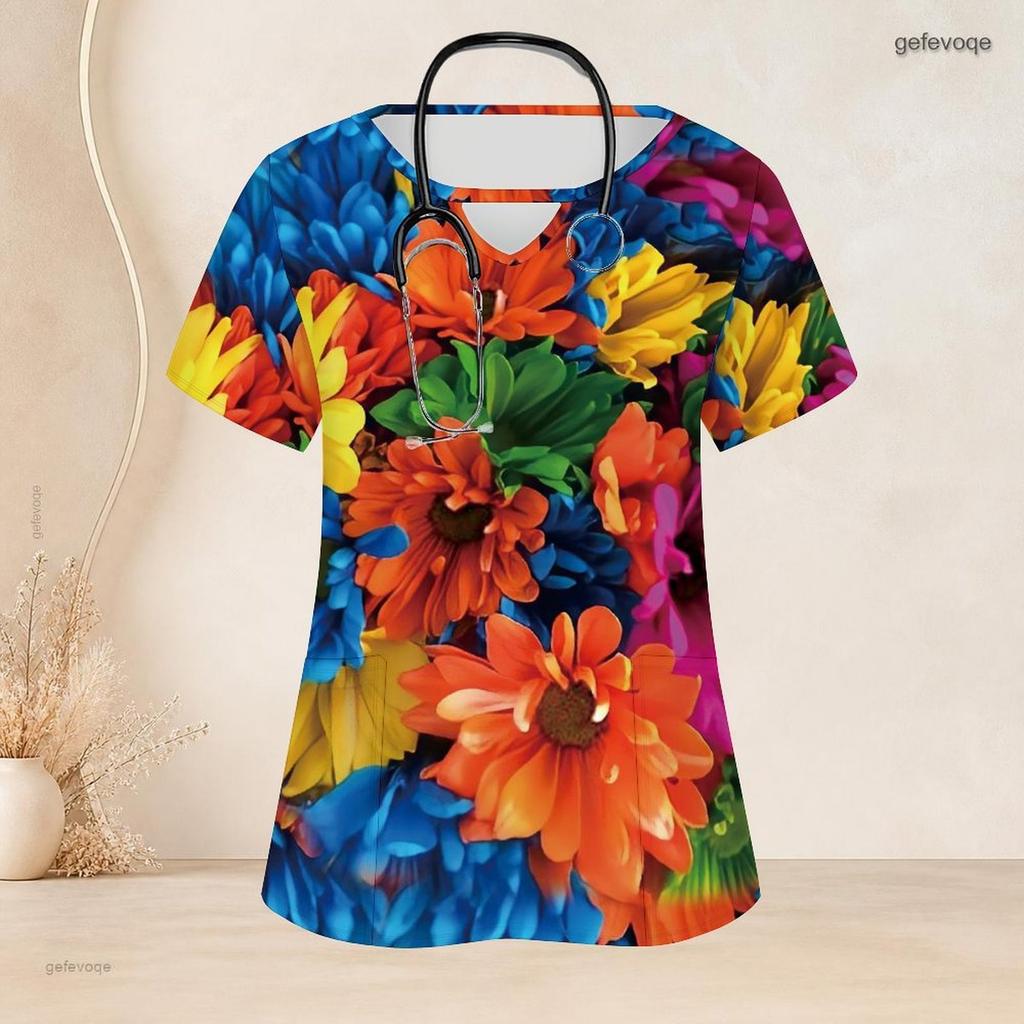 Women Plus Size Blue Printed Scrub Top Keyhole Neck Short Sleeve Nurse Uniform With Front Pockets