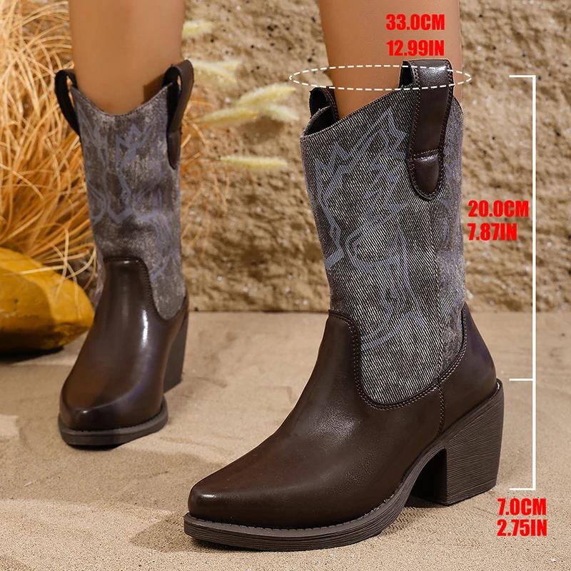 Retro Embroidered Women's Cowboy Boots chunky high heels pointed toe winter boots woman brown PU leather western botas de mujer