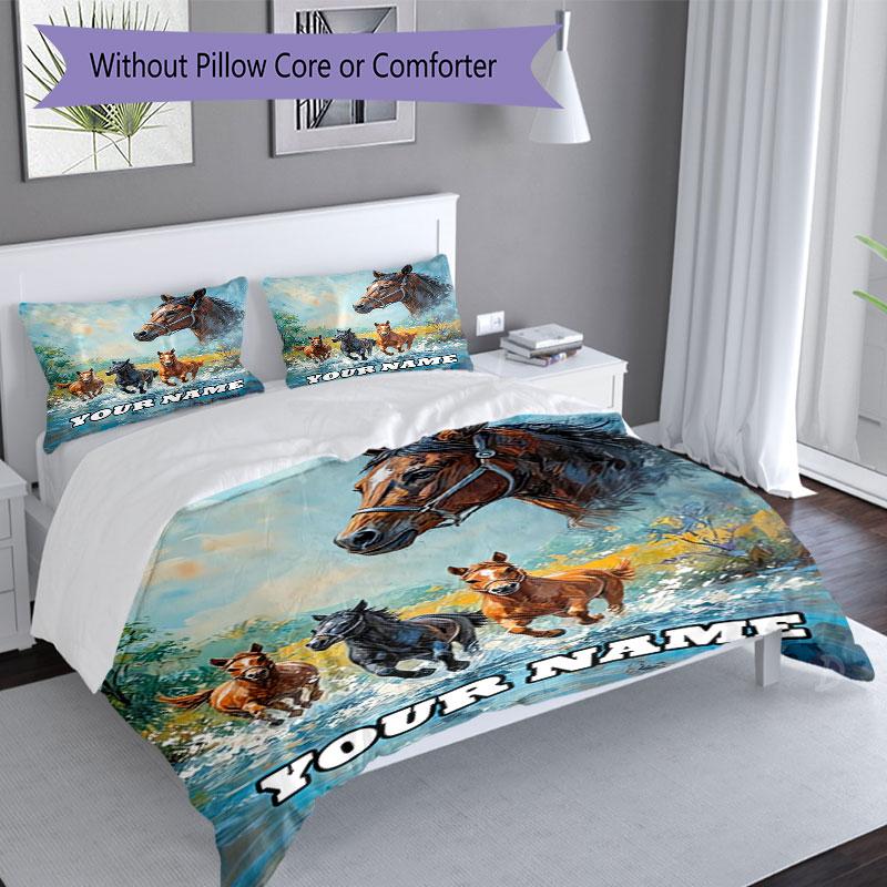 3PC Custom Name Horse Family Free Bedding Set Duvet Cover Closure Includes 1 Duvet Cover & 2 Pillowcases for Bedroom