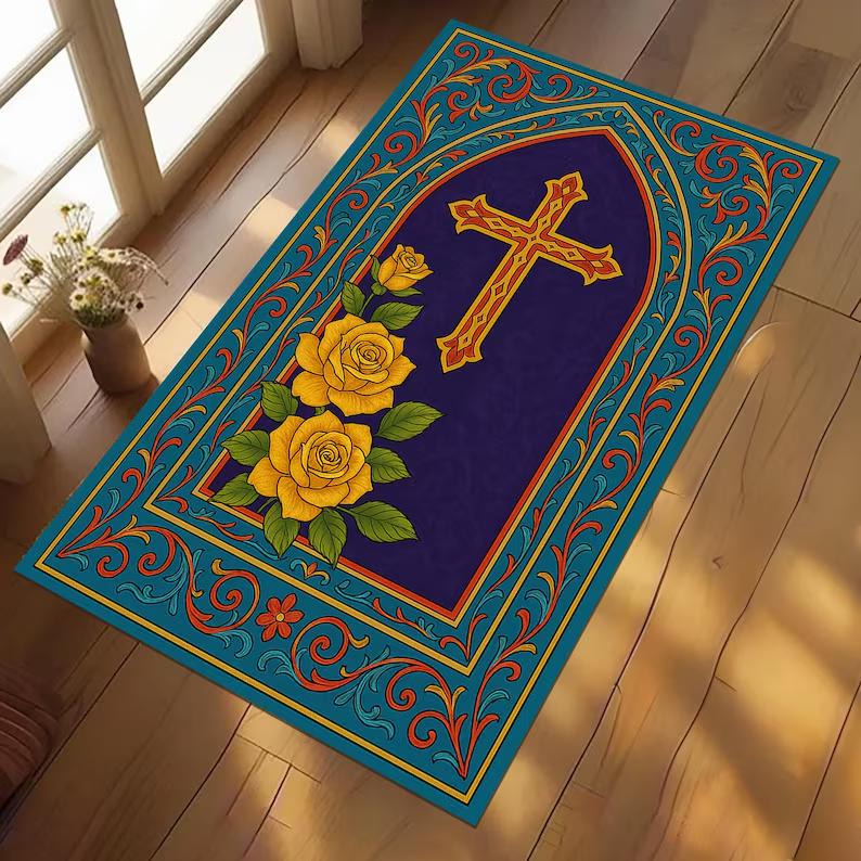 

Vintage Church Window Cross Prayer Rug, Warm Brown Christian Home Decor, Non-Slip Religious Mat for Catholic & Orthodox Prayer, 40cm x 60cm