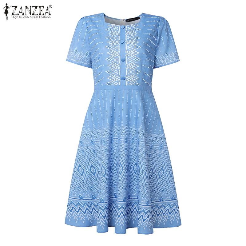 ZANZEA Women Casual Round Neck Short Sleeve Print Summer Dress