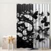 1Pc Black And White Butterfly And Floral Patterned Shower Curtain, Polyester Fabric, With Hooks, Suitable For Bathroom Dcor.
