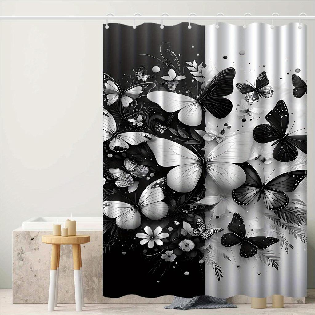 1Pc Black And White Butterfly And Floral Patterned Shower Curtain, Polyester Fabric, With Hooks, Suitable For Bathroom Dcor.