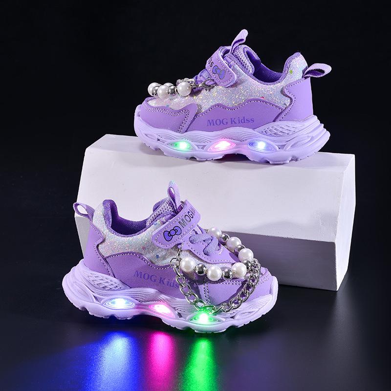 2025 Spring/Autumn Girls' LED Light-Up Pearl Chain Princess Sneakers with Soft Soles