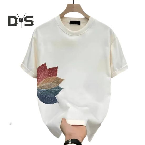 Men's Leaf Print T-shirt Cotton Round Neck Short-sleeved Top Summer Casual Loose Tee Shirt for Daily Life Sports Beaches