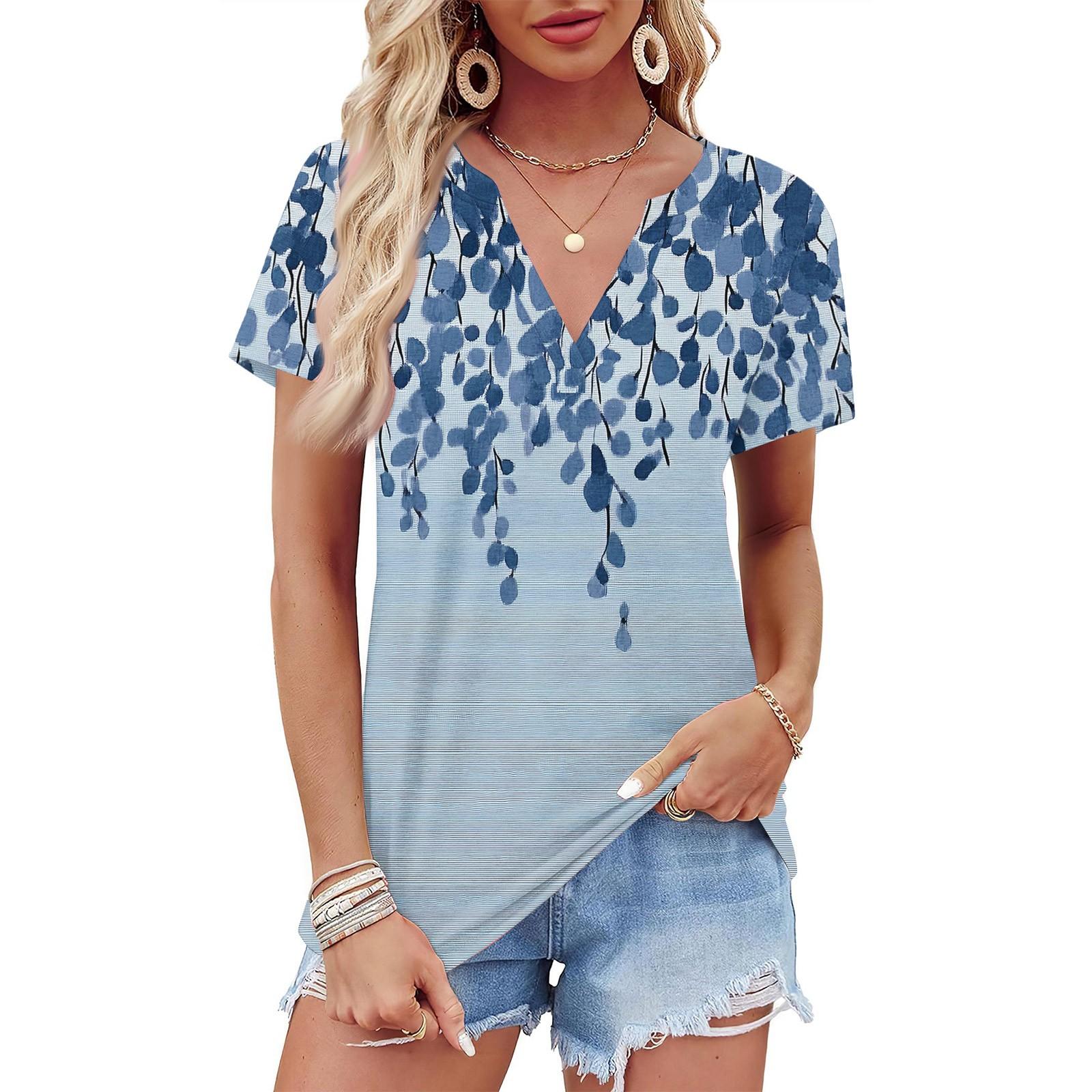 

Women s Summer Floral Print Short Sleeve V Neck Shirt Business Casual Loose T-Shirt Trendy Fashion Clothing Tops M