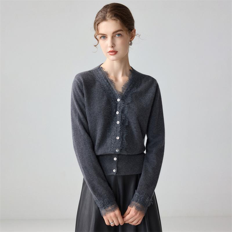 Lekasha Women's Cashmere Lace-Trim V-Neck Cardigan Sweater
