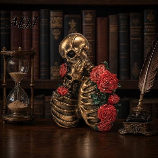 Gothic Skeleton Ornament Hugging Couple Figurine, Rose Skull Resin Retro Sculpture, Vintage Decoration, Romantic Halloween Party Supplies