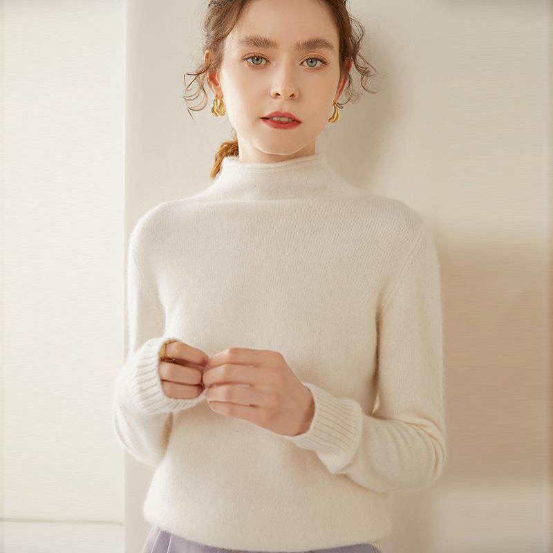 White Cashmere Rolled Collar Sweater - Women's Loose Fit Pullover for Autumn/Winter 2025