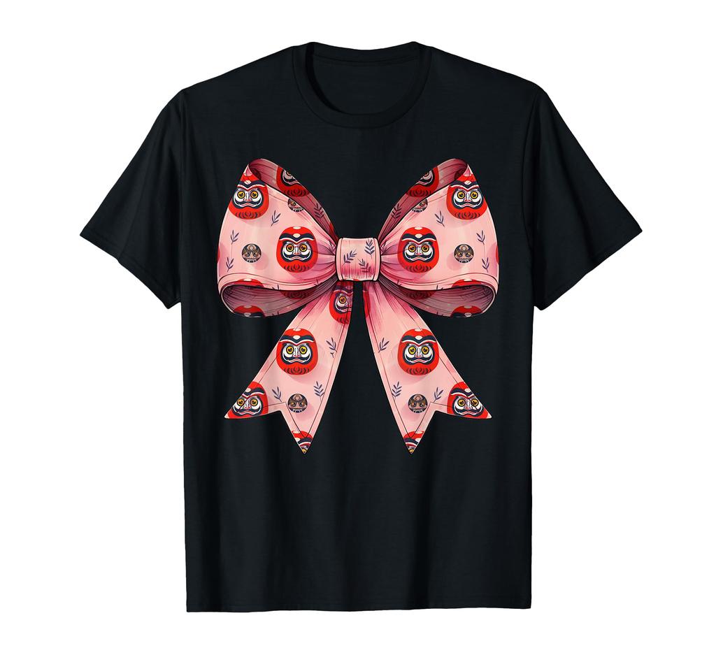 Coquette Bow Daruma Doll Japanese Pattern Pink Ribbon Mama Girl T-Shirt