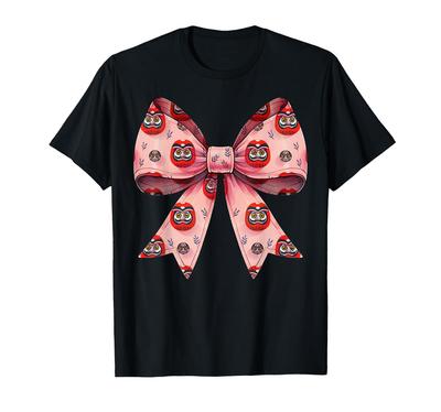 Coquette Bow Daruma Doll Japanese Pattern Pink Ribbon Mama Girl T-Shirt