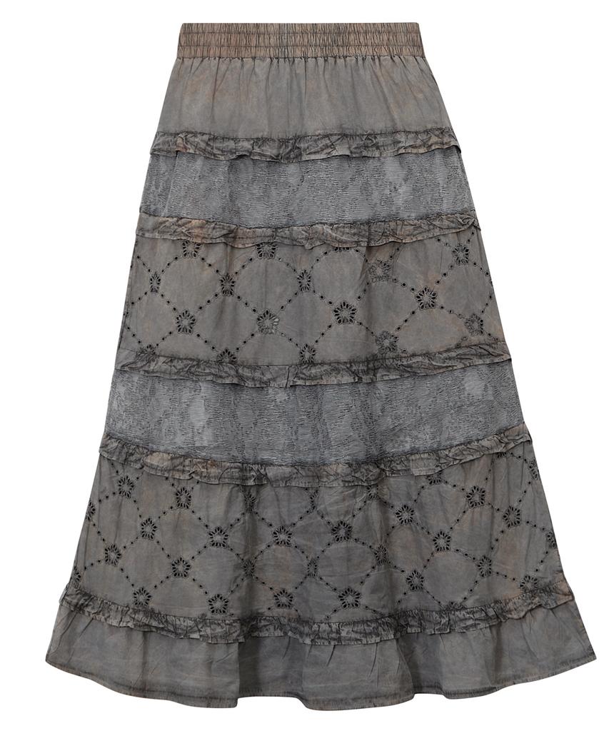 Ulkin [Runway] Traditionally Dyeing Persimmon, Ink Mugunghwa Punching Lace Frill Long Skirt_Brown