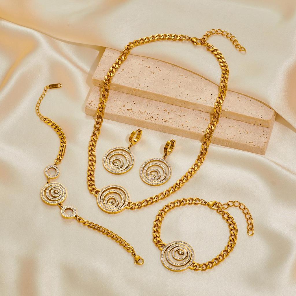 Luxury Gold-Plated Stainless Steel Jewelry Set with Diamond-Accented Necklace, Earrings, Bracelet, and Anklet