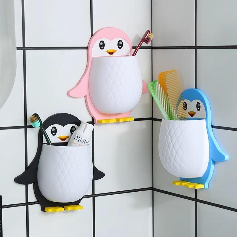 Cute Cartoon Penguin Wall Mounted Storage Holder With No Drill Installation Perfect For Bathroom Toothbrush Toiletry Organizer