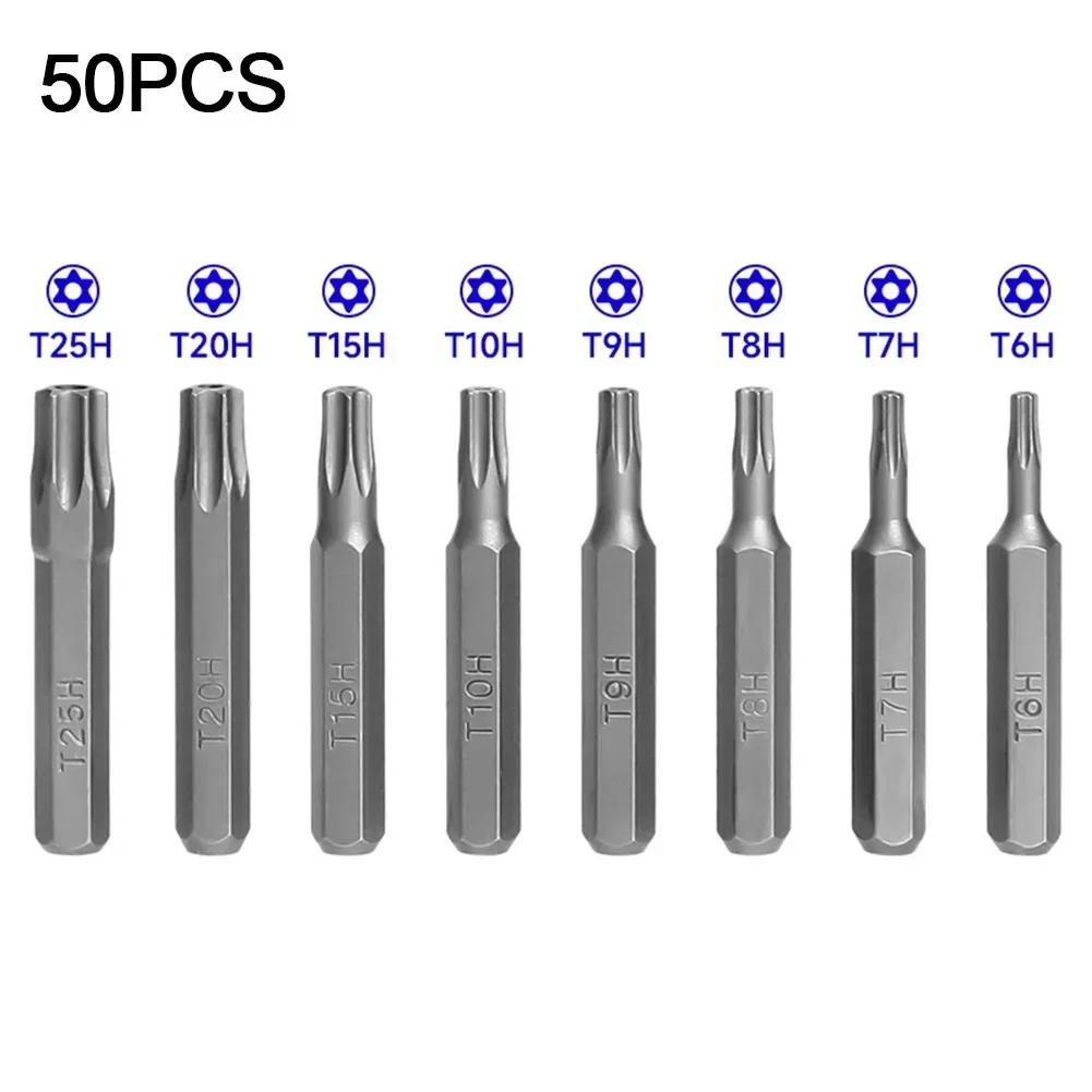 50pcs 4mm Small Hex Shank Screwdriver Bits Set T6H/T7H/T8H/T9H/T10H/T15H/T20H/T25H For Torx Plum Blossom Head Hand Tools