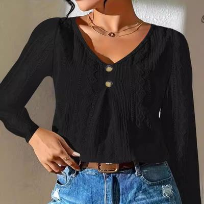 Autumn Women's Solid Colour Casual Fashion Hollow Out V-Neck Shirt Top