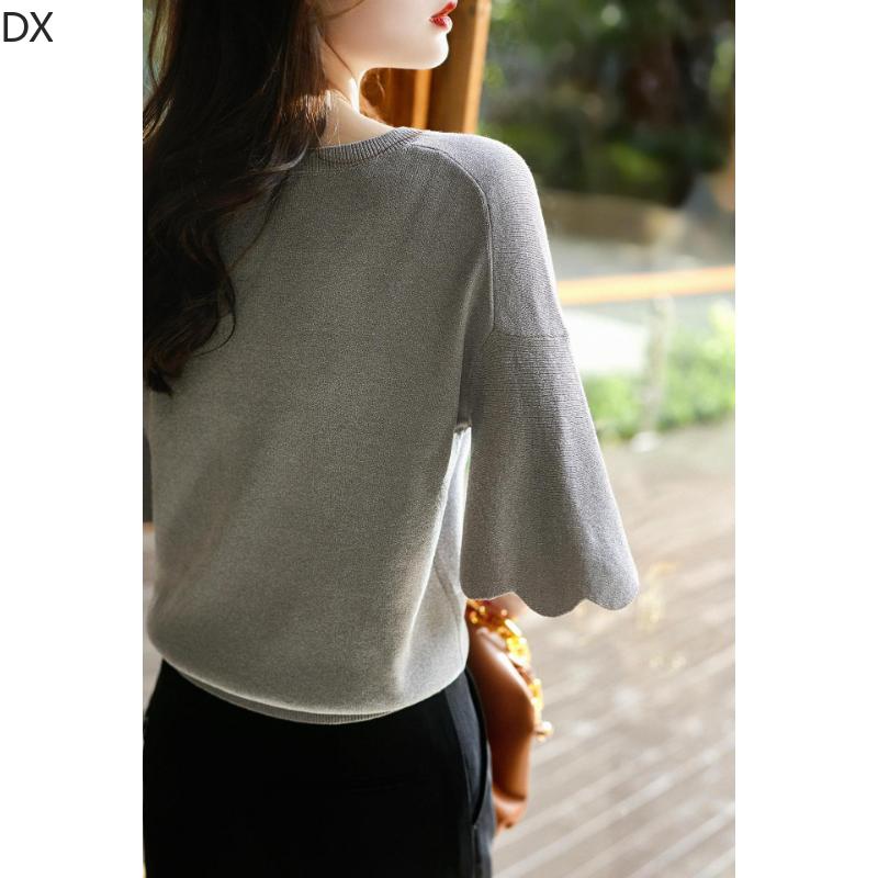 DX-Micro rozšířený okvětní lístek rukáv top s výstřihem do V dámské letní pletené tričko volný krátký rukáv ledový hedvábný svetr tenký dámská košile zahraničního stylu
