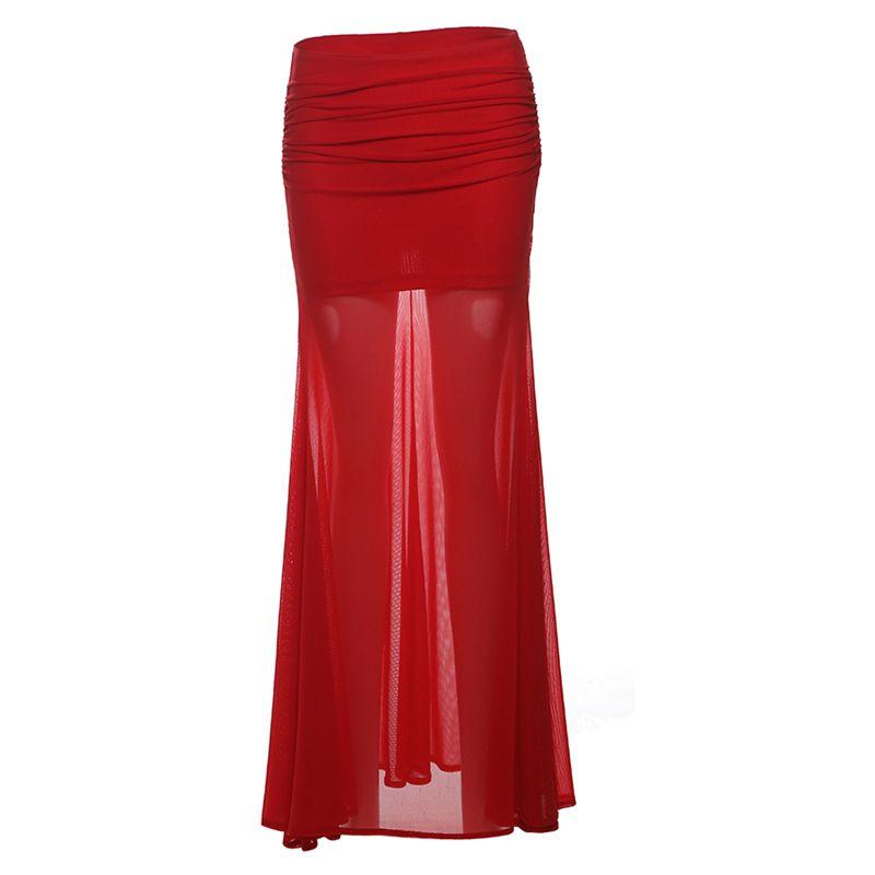 

# Sisjuly# Hot Rose Red Mesh Patchwork Micro Transparent Skirt Women s Fashion Slim-Fit Versatile Long Skirt Fashion Red S