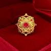 Matte Brushed 24k Gold-Plated Adjustable Women's Ring with Red Epoxy Floral Design