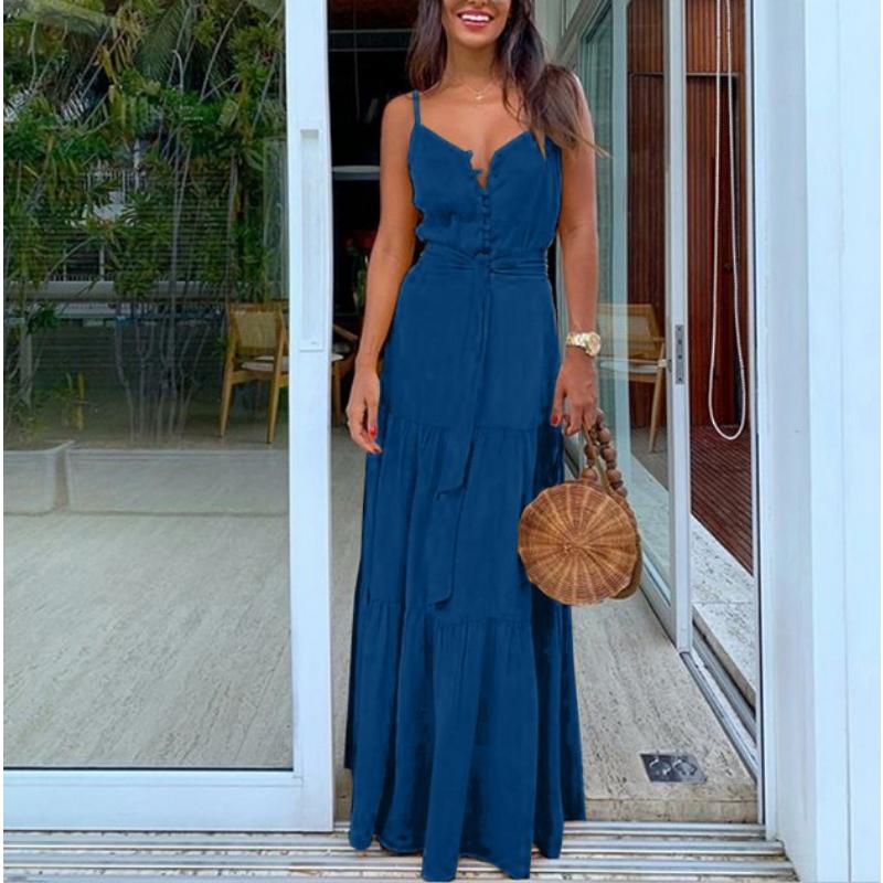 Women's Maxi Dress V-Neck Spaghetti Strap Button Front Tie Waist Tiered Sleeveless Casual Summer Beach Vacation Long Sundress