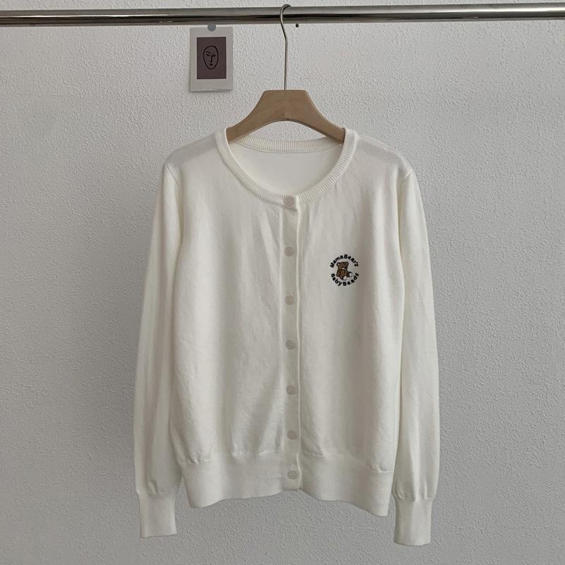 Spring Autumn Cardigan Women Soft Long Sleeved Knitted  Solid Casual Slim O Neck Tops Embroidered Teddy Bear Overcoat 30965