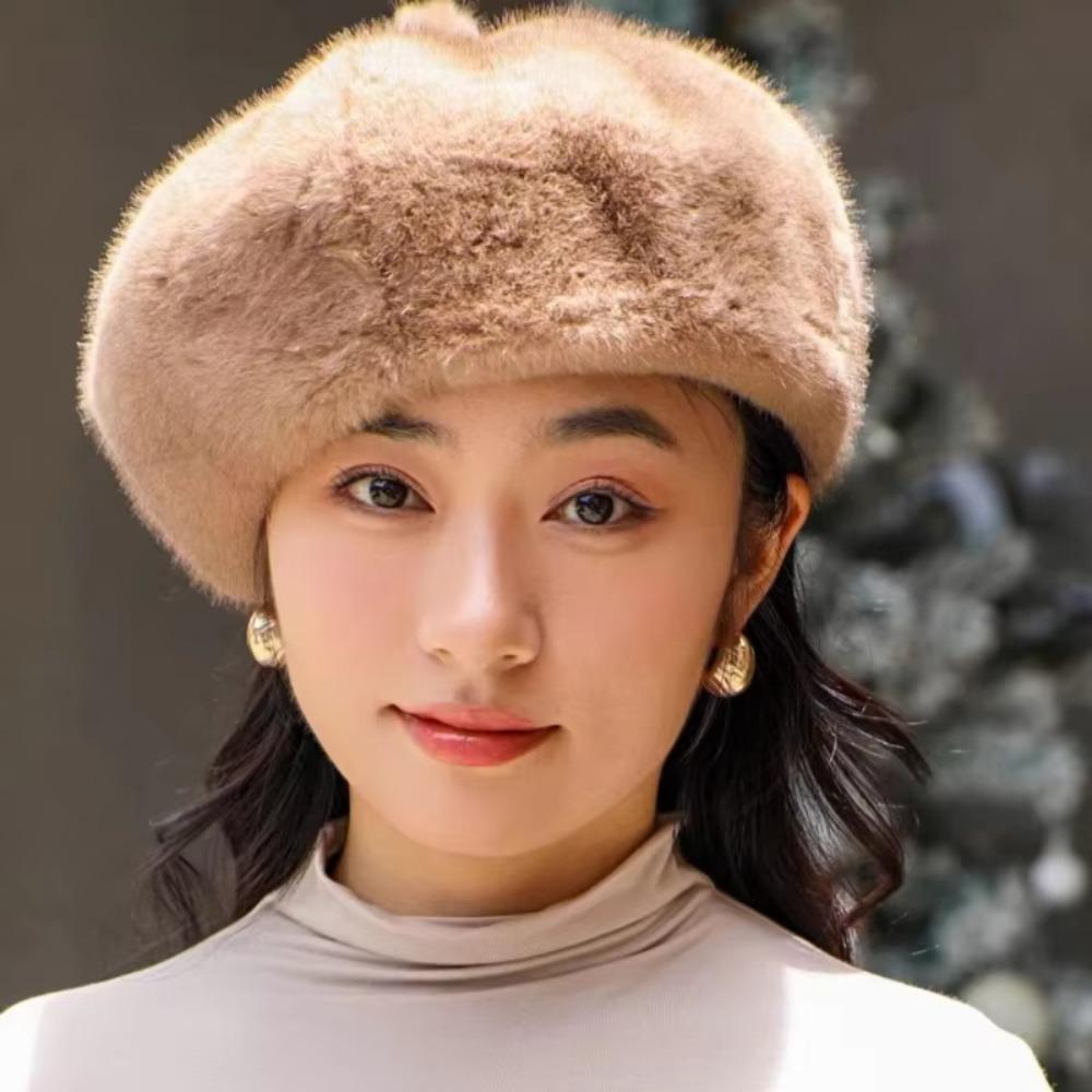 Leopard Print Faux Rabbit Fur Beret Solid Color Fluffy Plush Beret Painter Beret Hat Women Girl