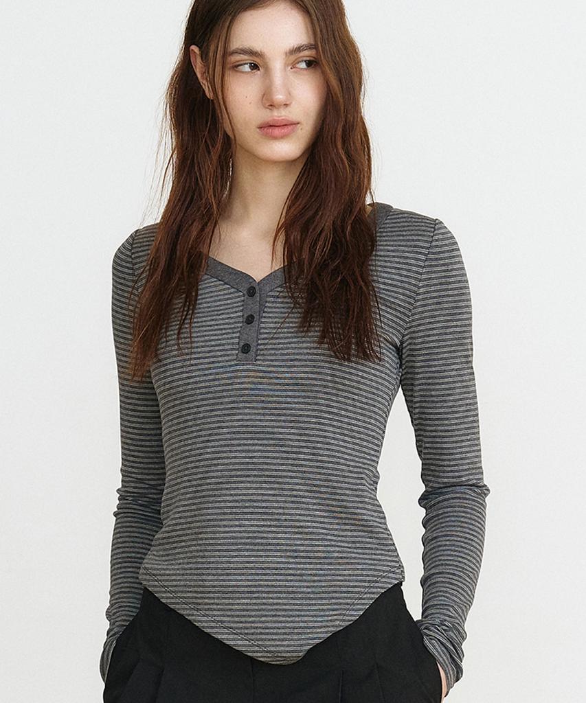 MAKE A TOAST Striped Button Long Sleeve T-Shirt (Gray) Mbfsto002Gr